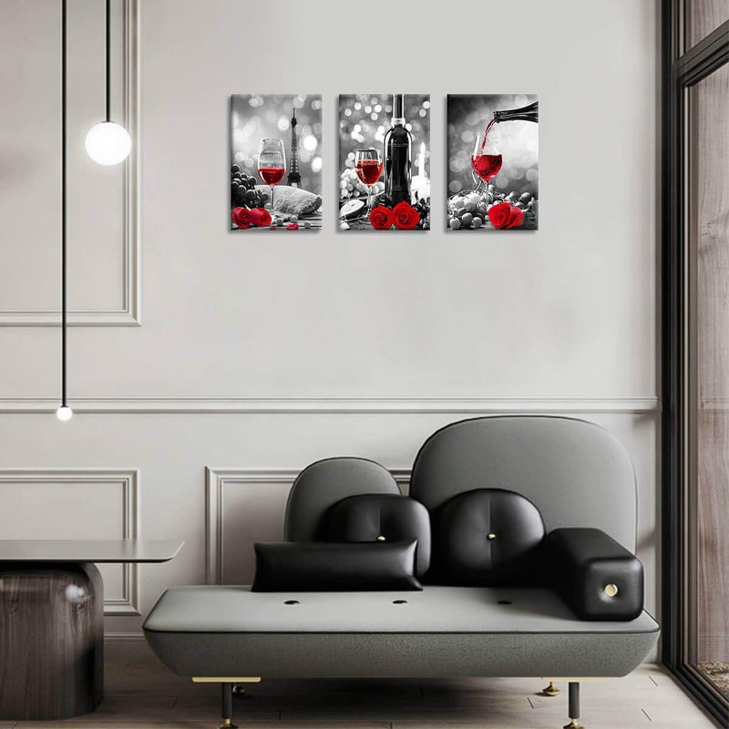 KAKEMONO Wine Decor Kitchen Canvas Art Red Wine Rose Artwork for Home Walls Black and White With Red Wine Painting Printed Rose Art Dining Room Decor Red Kitchen Pictures Wall Decor Stretched 16x24inchx3 - Image 5